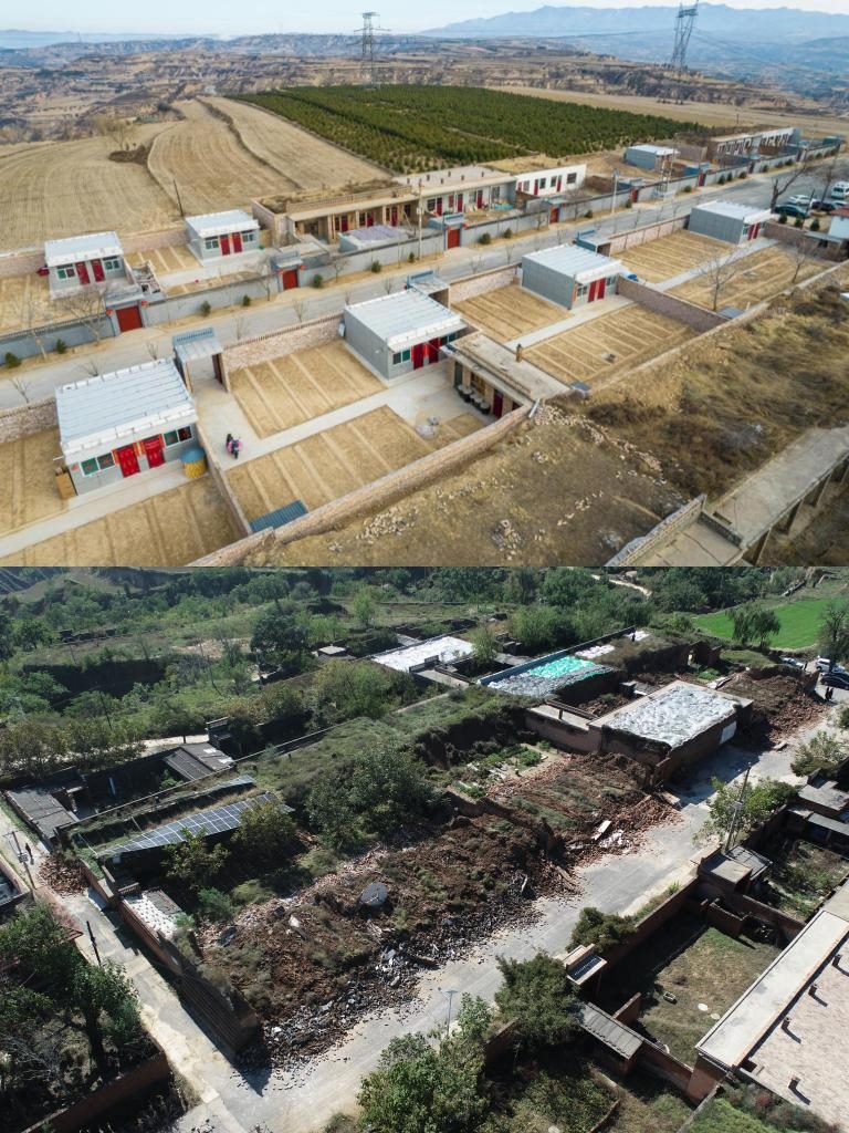 拼版照片，上圖是2022年1月山西省霍州市師莊鄉(xiāng)馮南垣村災(zāi)后恢復(fù)重建后的場景，下圖是2021年10月村莊因災(zāi)受損的場景。(霍州市委宣傳部供圖)