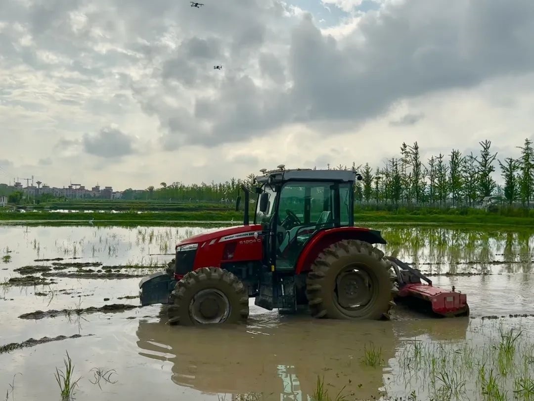 浙江省金華市東陽市城東街道寀盧村的一臺(tái)無人駕駛耕地機(jī)。靜玄 攝