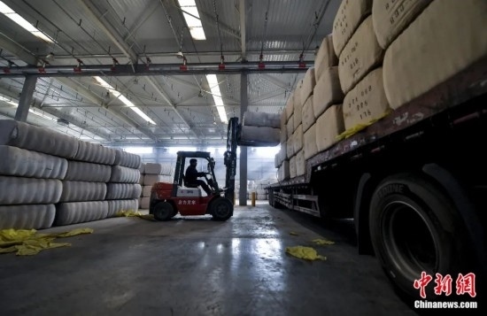 新疆喀什綜合保稅區(qū)，喀什啟路國際貿(mào)易有限公司的倉庫內(nèi)，工人正在裝載從塔吉克斯坦和烏茲別克斯坦進口的棉花。劉新攝