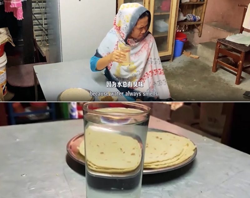 圖為紀實短片截圖：上圖為水質未改善前，飲用水發(fā)黃渾濁；下圖為水廠建成后，飲用水水質明顯改善，清澈透明。