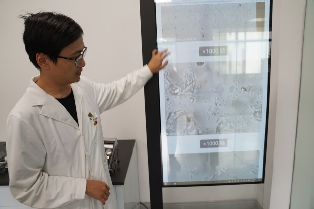 ↑ 工作人員展示瓷片標本的配方研究數據（2023年5月16日攝）。