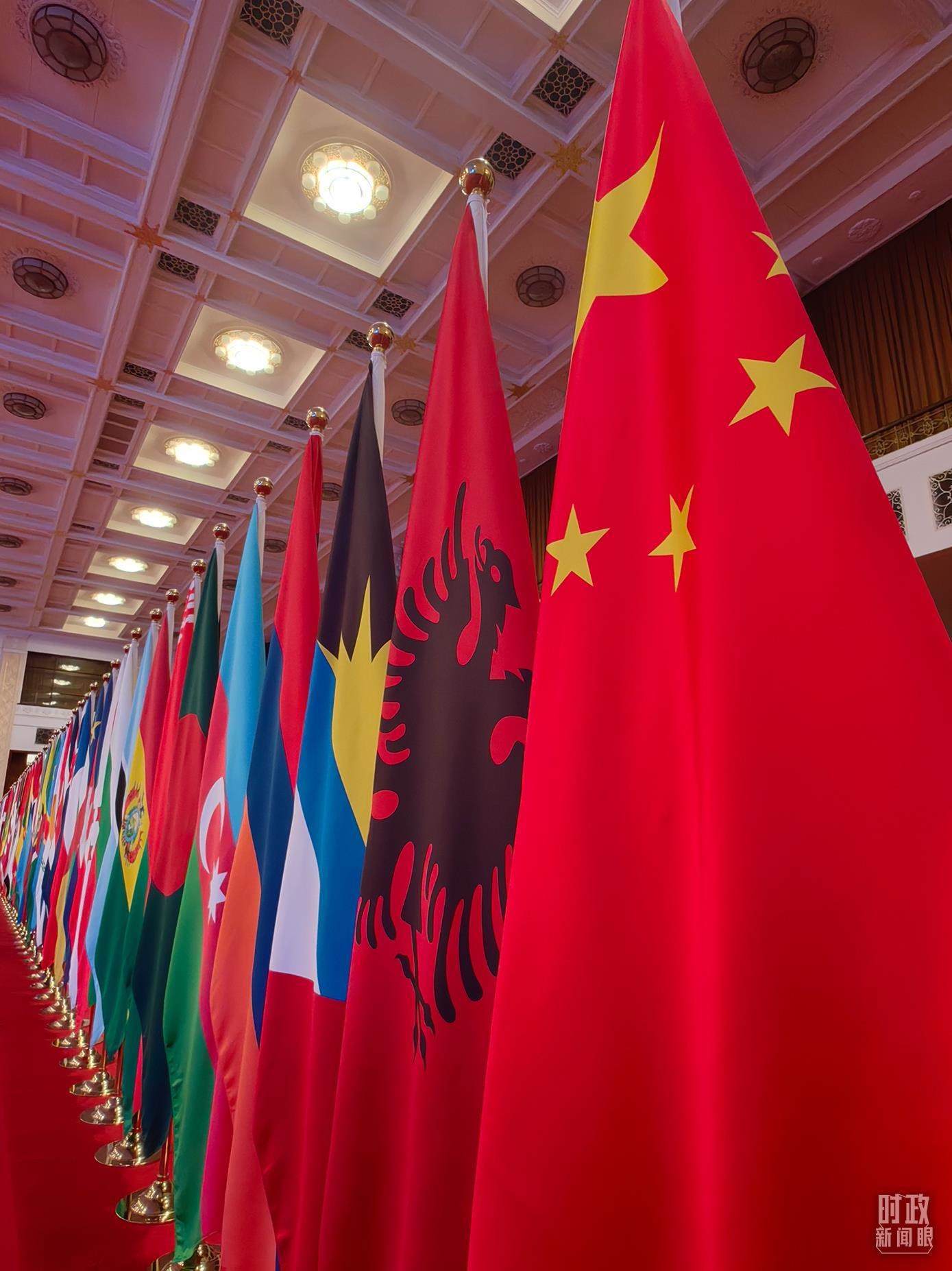 △開幕式會場內(nèi)整齊排列的旗幟。（總臺央視記者楊波拍攝）