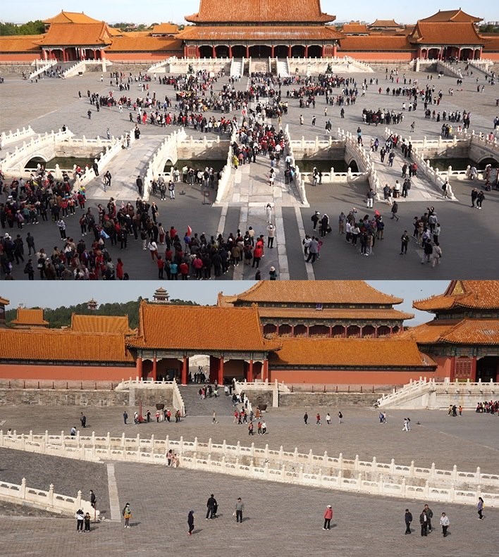 上午9時(shí)和下午13時(shí)的太和門廣場(chǎng)客流對(duì)比。故宮博物院供圖