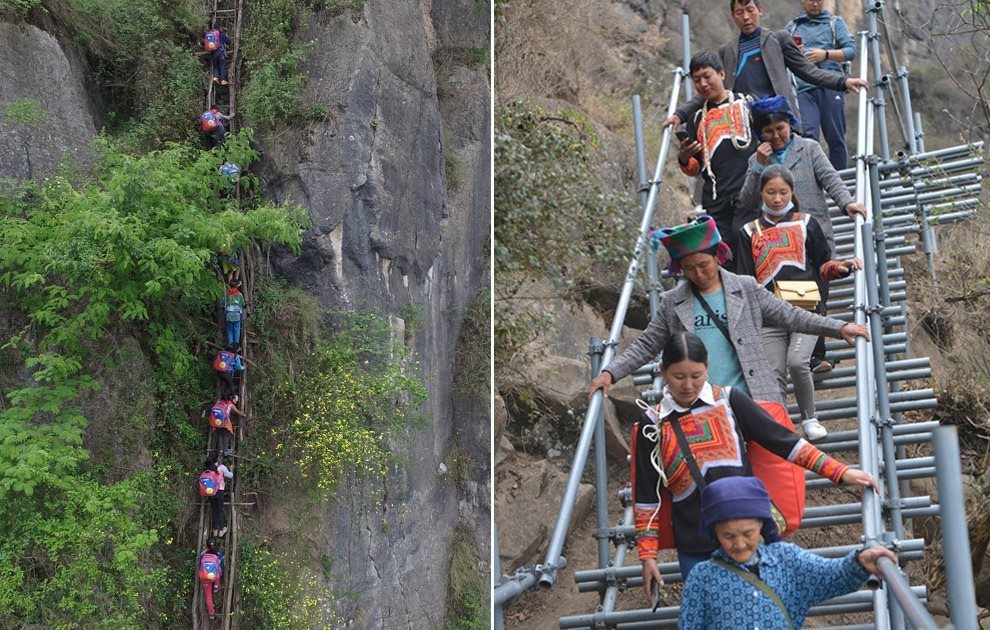 “懸崖村”今昔對(duì)比：左圖為2016年5月14日，“懸崖村”的孩子們攀爬木梯回家。右圖為2020年5月13日，“懸崖村”村民帶著行李通過鋼梯下山，搬遷至易地扶貧集中安置點(diǎn)的新家。