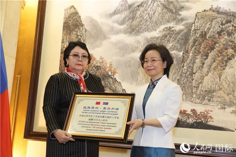 沈大使向?qū)殑跔柆敚ㄗ螅┟貢L轉(zhuǎn)交捐款。人民網(wǎng)記者 霍文攝