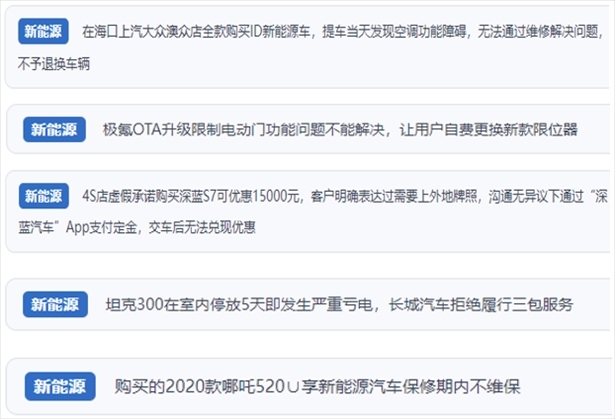 “人民投訴”用戶吐槽新能源汽車功能障礙多發(fā)、升級(jí)后配套服務(wù)跟不上、虛假優(yōu)惠、保修期內(nèi)不維保的問題。（“人民投訴”平臺(tái)截圖）