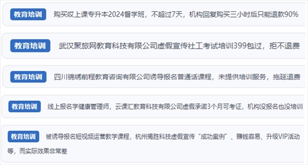 “人民投訴”用戶舉報(bào)機(jī)構(gòu)虛假宣傳包過包拿證、虛假承諾收益效果、課程服務(wù)貨不對(duì)板、退款難等在線教培亂象。（“人民投訴”平臺(tái)截圖）