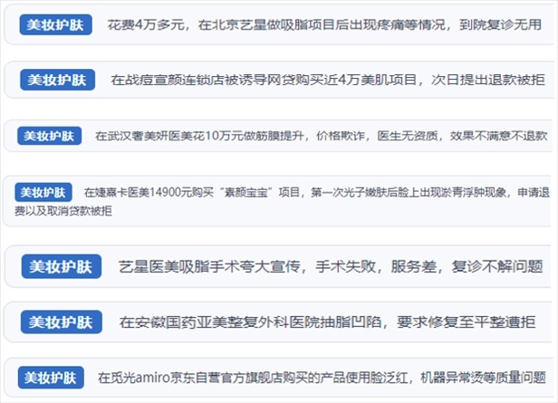 “人民投訴”用戶舉報(bào)醫(yī)美未達(dá)預(yù)期效果或?qū)е律眢w損傷退款遭拒、機(jī)構(gòu)及服務(wù)人員虛假資質(zhì)、被誘導(dǎo)高額醫(yī)美貸、網(wǎng)購美容儀器質(zhì)量不過關(guān)等問題。（“人民投訴”平臺(tái)截圖）