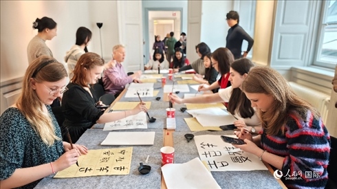 瑞典書法愛好者專心學習書法。人民網記者 殷淼攝