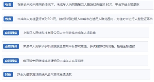 網(wǎng)友涉及“熊孩子”氪金相關(guān)投訴問題。（“人民投訴”用戶投訴截圖）