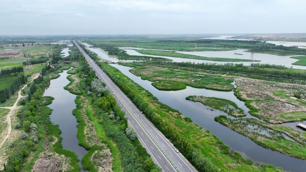 這是2024年6月13日拍攝的黃河寧夏段濱河大道（無人機照片）。近年來，寧夏努力建設黃河流域生態(tài)保護和高質量發(fā)展先行區(qū)，全力打好黃河保護持久戰(zhàn)。新華社記者 王鵬 攝