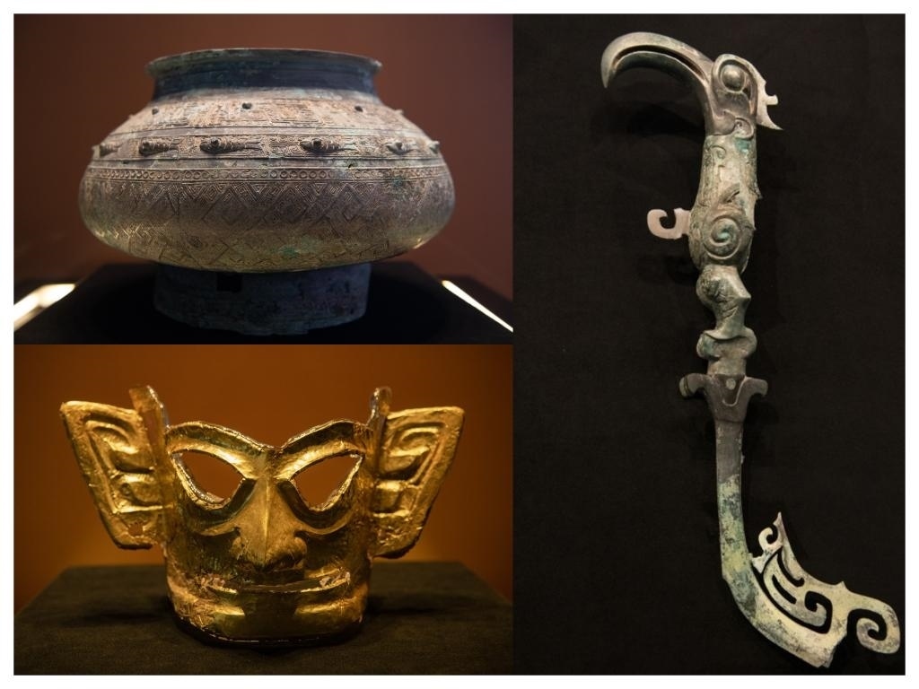 拼版照片：左上圖為青銅瓿，左下圖為黃金面具，右圖為青銅樹枝。新華社記者唐文豪 攝