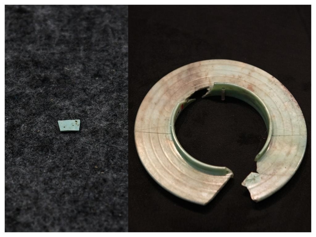 拼版照片：左圖為2024年7月10日拍攝的三星堆遺址出土的綠松石片（新華社記者王曦 攝），右圖為2024年7月21日在三星堆博物館文物保護與修復館拍攝的有領玉璧（新華社記者唐文豪 攝）。