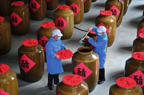 工作人員在山西省長(zhǎng)治市平順縣龍溪鎮(zhèn)龍鎮(zhèn)村農(nóng)旅產(chǎn)業(yè)融合發(fā)展示范園內(nèi)查看醋的成色（2024 年 5 月 10 日攝）楊晨光攝 / 本刊