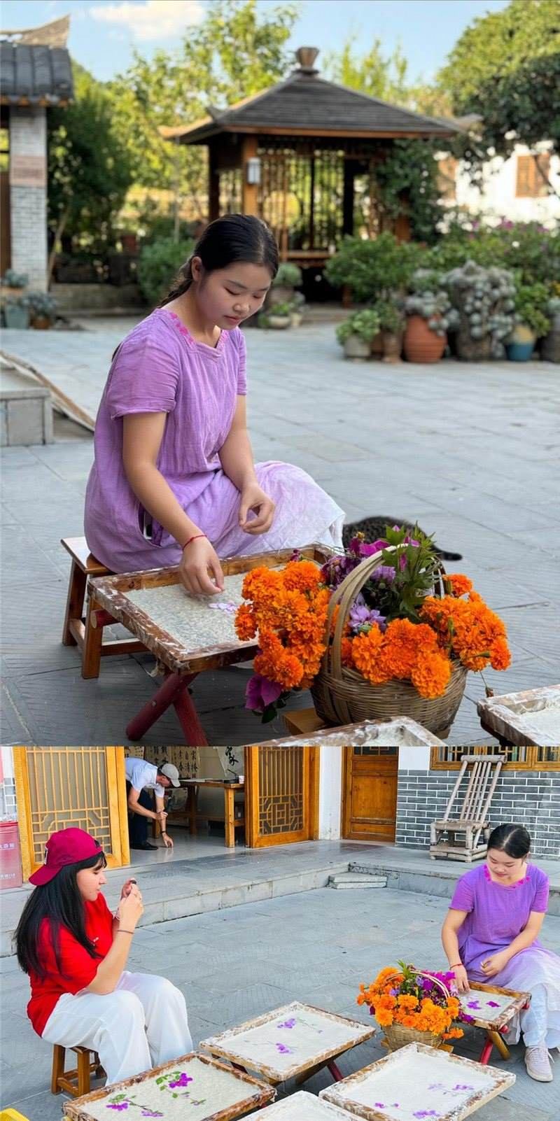 沒有女生不愛花。以古法造紙技藝為基礎(chǔ)，再輔以花草枝葉勾勒各式圖案，創(chuàng)作出花茂村獨(dú)具特色的紙漿壓花畫，少女手中的花是她眼中的風(fēng)景，而她與正在制作的紙漿壓花畫也是別人眼中的風(fēng)景。（哈薩克斯坦BAQ通訊社高級記者古爾詹·拉曼庫洛娃、張亞欣攝）