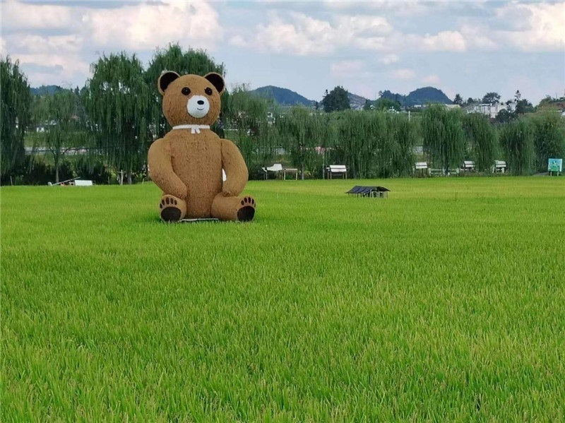 稻穗搖曳，垂柳依依，山嵐多姿，好一幅歲月靜好山鄉(xiāng)恬靜圖。這憨厚俏皮的熊玩偶造型，像是亂入其中，形成現(xiàn)代與傳統(tǒng)、好動與寧靜的反差感，讓人過目不忘，也讓人莞爾一笑。（哈薩克斯坦鳳凰24新聞社總編輯兼首席執(zhí)行官克馬爾·馬山羅攝）