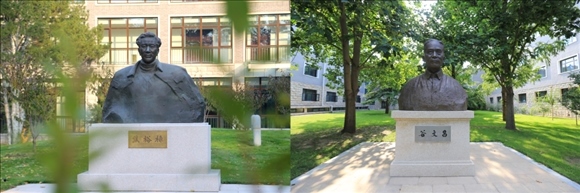 拼版照片：左圖為中央黨校（國家行政學(xué)院）校園內(nèi)的焦裕祿雕塑；右圖為中央黨校（國家行政學(xué)院）校園內(nèi)的谷文昌雕塑。