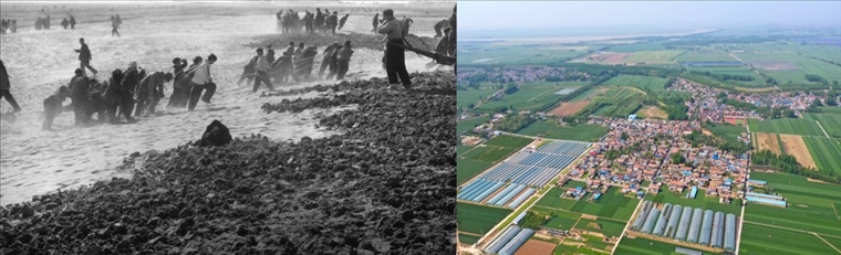 拼版照片：左圖為蘭考群眾在拉淤土壓沙（新華社記者 鄧歷耕 攝）；右圖為2024年4月25日拍攝的蘭考縣張莊村（無人機(jī)照片，新華社記者 郝源 攝）。