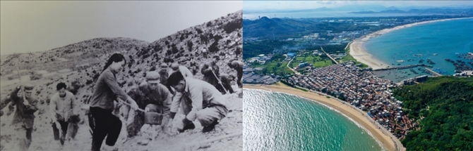 拼版照片：左圖為東山縣群眾在荒山上種植樹苗（資料照片）；右圖為2020年6月18日拍攝的東山縣陳城鎮(zhèn)澳角村附近風(fēng)光（無人機(jī)照片，新華社記者 姜克紅 攝）。