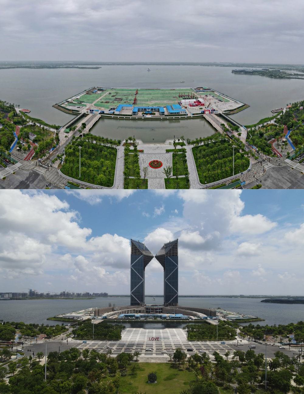 拼版照片：空中俯瞰中國(guó)（上海）自由貿(mào)易試驗(yàn)區(qū)臨港新片區(qū)滴水湖西島中銀金融中心項(xiàng)目現(xiàn)場(chǎng)（上圖為2021年6月20日攝，無(wú)人機(jī)照片；下圖為2024年8月14日攝，無(wú)人機(jī)照片）。2019年8月20日，臨港新片區(qū)揭牌成立，一個(gè)開(kāi)放新高地在長(zhǎng)江與東海交匯處日益崛起。