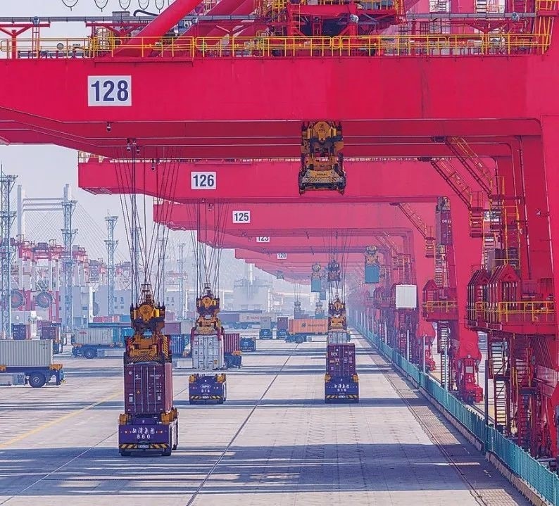 共建“一帶一路”國(guó)家在工作制度對(duì)接、技術(shù)標(biāo)準(zhǔn)協(xié)調(diào)、檢驗(yàn)結(jié)果互認(rèn)等方面強(qiáng)化合作、統(tǒng)一標(biāo)準(zhǔn)，貿(mào)易自由化便利化水平不斷提升。上海洋山港海關(guān)對(duì)接共建國(guó)家進(jìn)出口貨物相關(guān)標(biāo)準(zhǔn)，推動(dòng)通關(guān)一體化方式申報(bào)，提升通關(guān)效率。圖為無人駕駛的全自動(dòng)導(dǎo)引車在洋山港穿梭往來，搬運(yùn)集裝箱。王初 攝