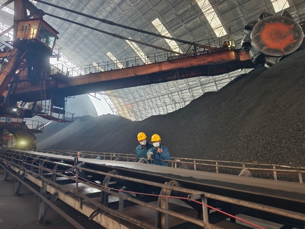 趙善國（右）和同事對(duì)電廠煤場(chǎng)進(jìn)行巡檢。受訪者供圖