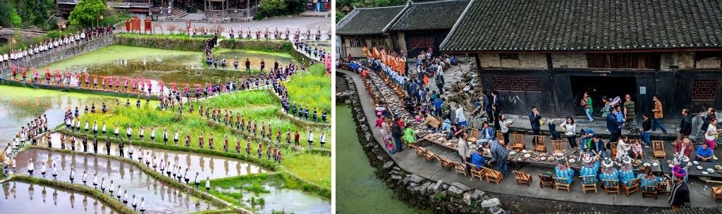 左圖：近期，人們在黎平縣肇興侗寨的田園里演唱侗族大歌（黎平縣委宣傳部供圖）；右圖：這是2023年拍攝的十八洞村長桌宴（湘西州委宣傳部供圖）。