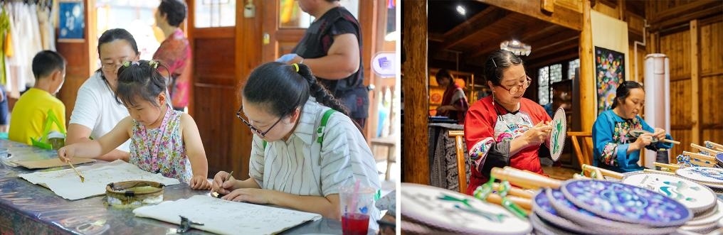 左圖：近期，游客在黎平縣肇興侗寨體驗(yàn)非遺蠟染藝術(shù)（黎平縣委宣傳部供圖）；右圖：這是2024年拍攝的繡娘在十八洞村梨子寨苗繡鄉(xiāng)村振興示范基地制作苗繡產(chǎn)品（湘西州委宣傳部供圖）。