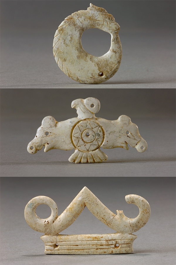 玉龍（上）、玉鷹（中）和玉冠飾（下）。國家文物局供圖