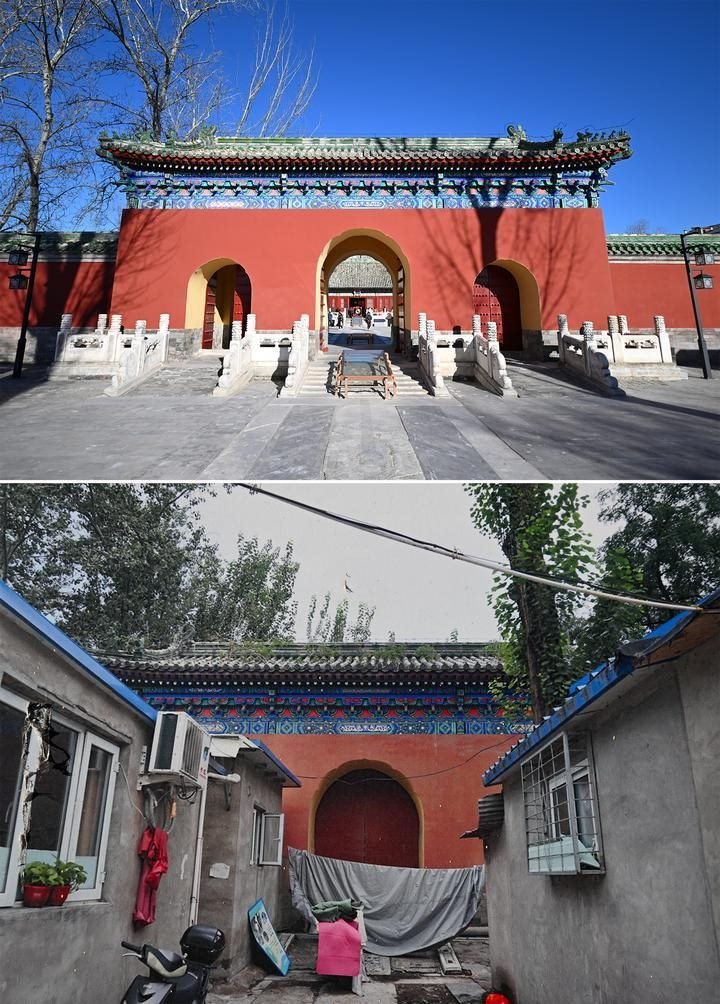 位于先農(nóng)壇內(nèi)的慶成宮，曾長時間被雜亂的民居占據(jù)。在北京中軸線申遺保護工作的帶動下，北京完成了慶成宮區(qū)域文物征收騰退、非文物建筑拆除、彩畫保護、本體修繕、展覽布陳等，讓560多年歷史的古建群重新回歸。2024年12月，北京中軸線上先農(nóng)壇內(nèi)的慶成宮首次面向社會公眾開放。上圖為騰退修繕后的慶成宮內(nèi)宮門（資料照片）；下圖為翻拍的慶成宮內(nèi)宮門騰退修繕前的資料照片（2024年12月21日攝）。